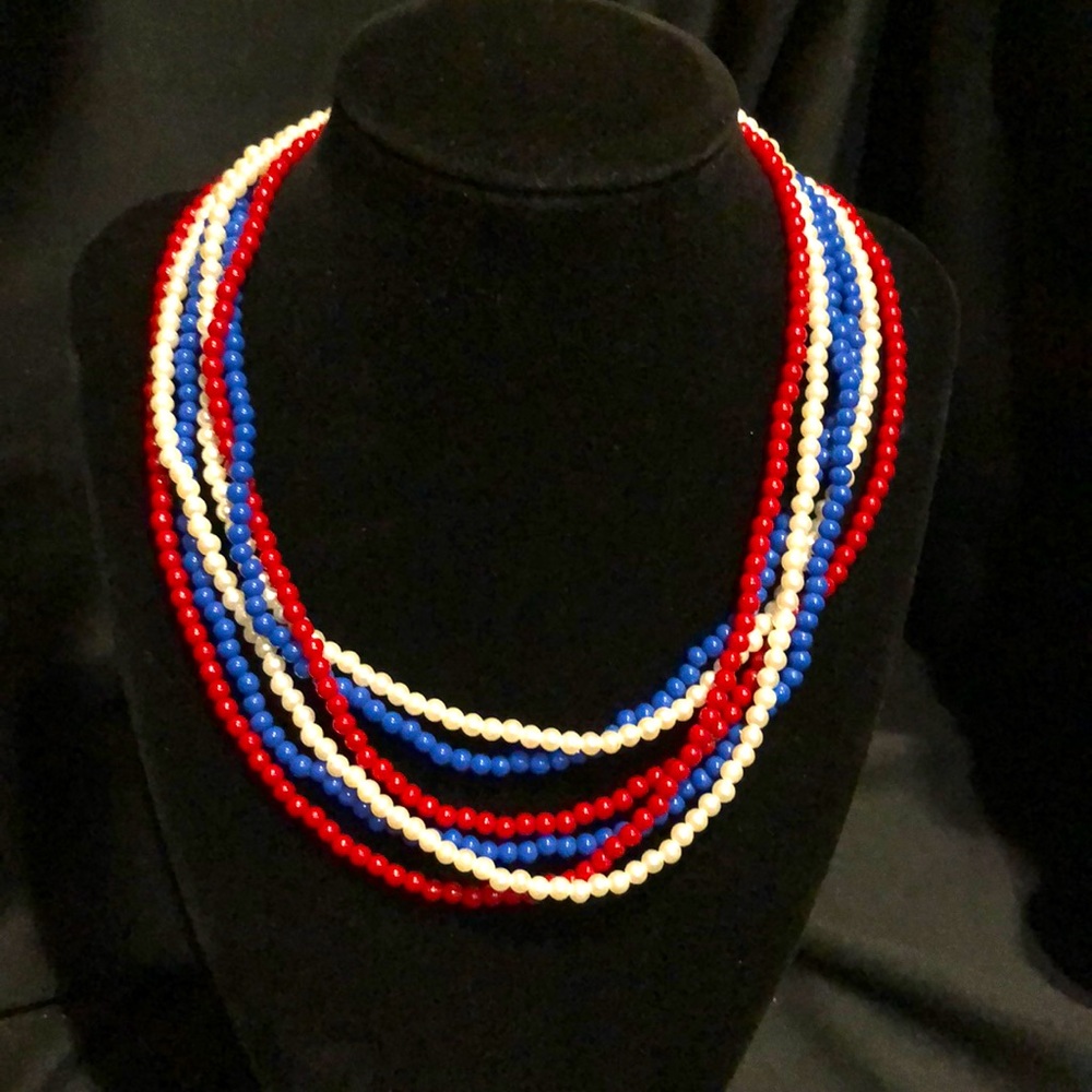 Patriotic red white and blue faux pearl necklace